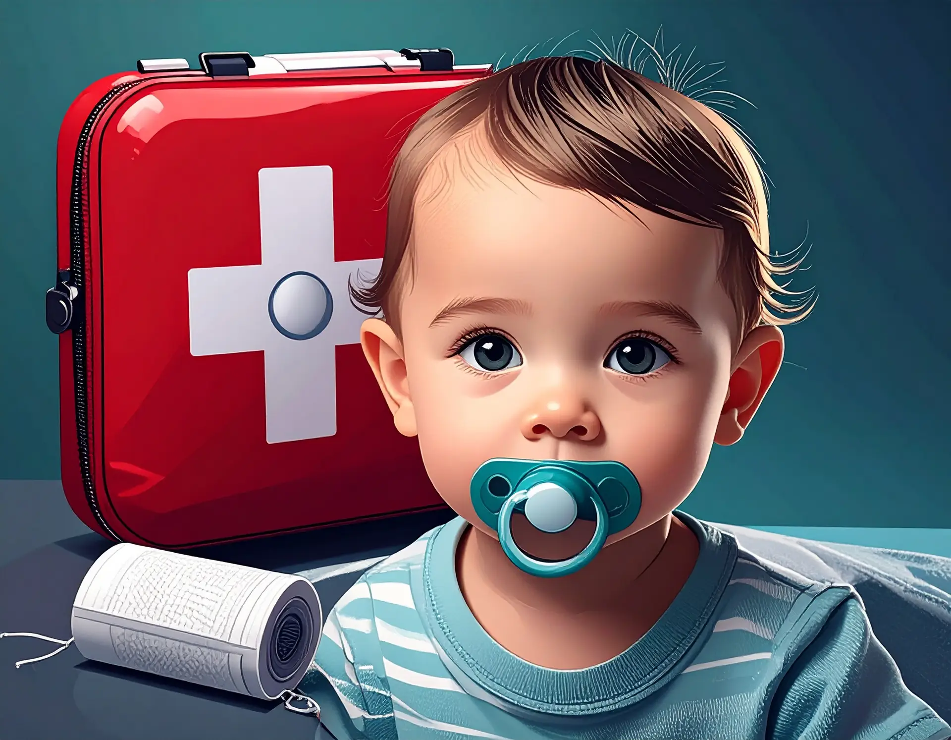 Kind mit Schnuller und Verbandkasten