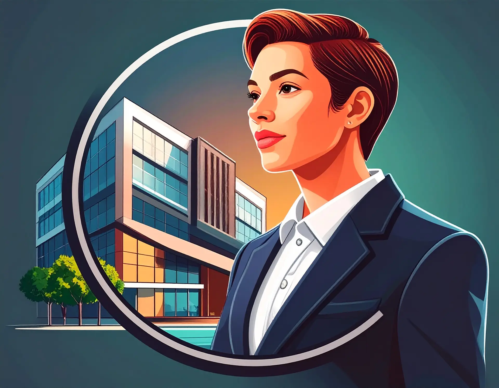 Bürogebäude im Hintergrund, BusinessFrau im Vordergrund