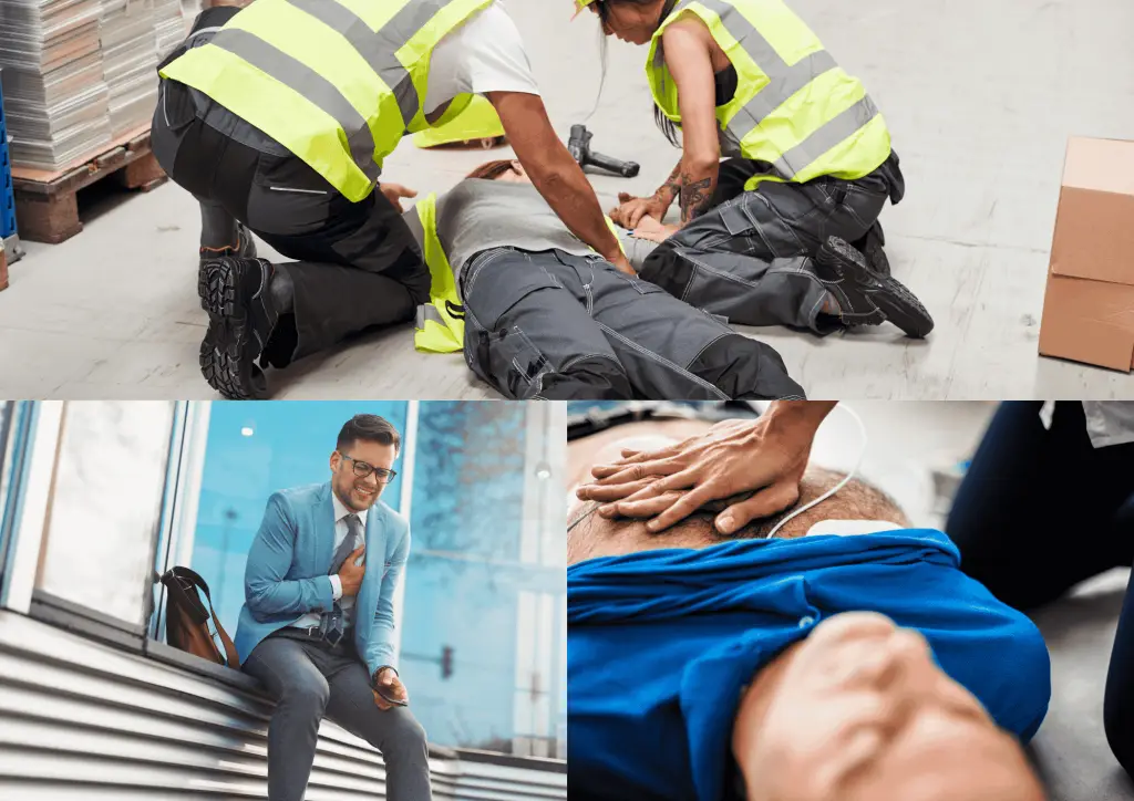 Collage aus 3 Bildern die Szenen aus der Ersten Hilfe in einem Betrieb zeigen