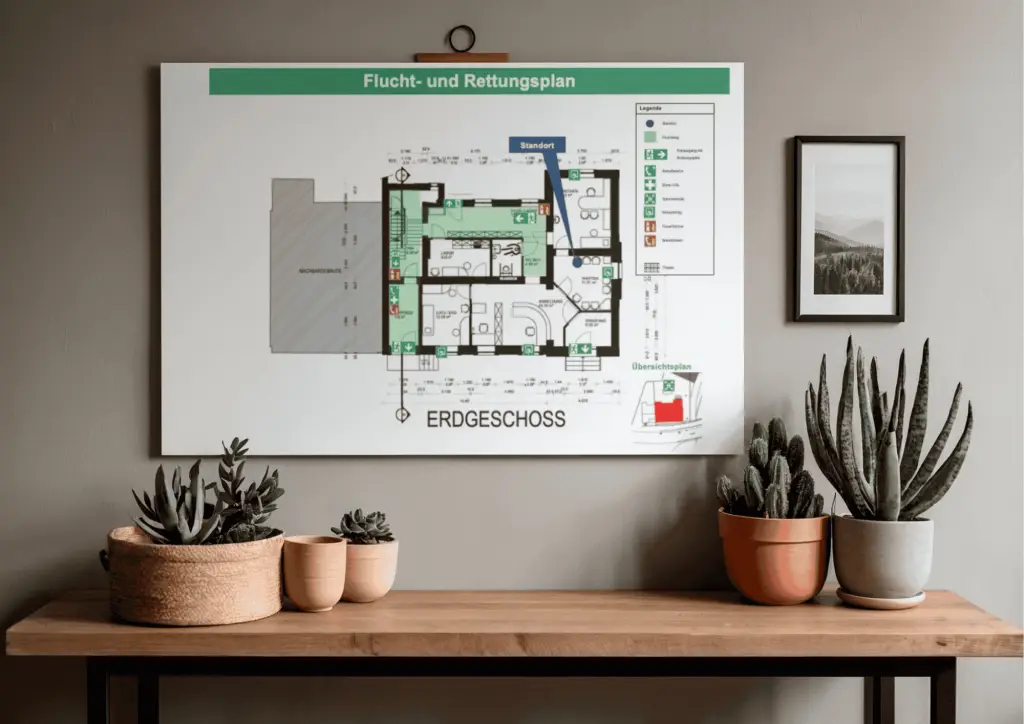 Flucht- und Rettungsplan nach DIN ISO 23601 - Beispiel mit Fluchtwegen, Sammelstelle und Feuerlöschern